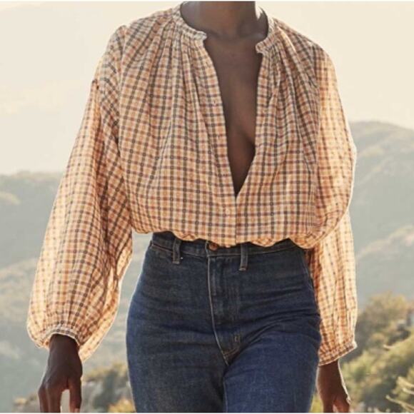 DOEN The Jane Blouse Orange Meringue Plaid Print S - Picture 2 of 9